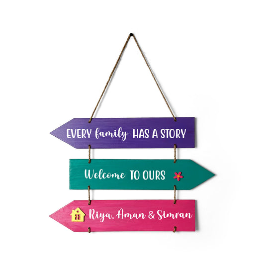 Every Family Has A Story Welcome To Ours Hand-Painted Wooden Arrow Plank Name Plate For Home