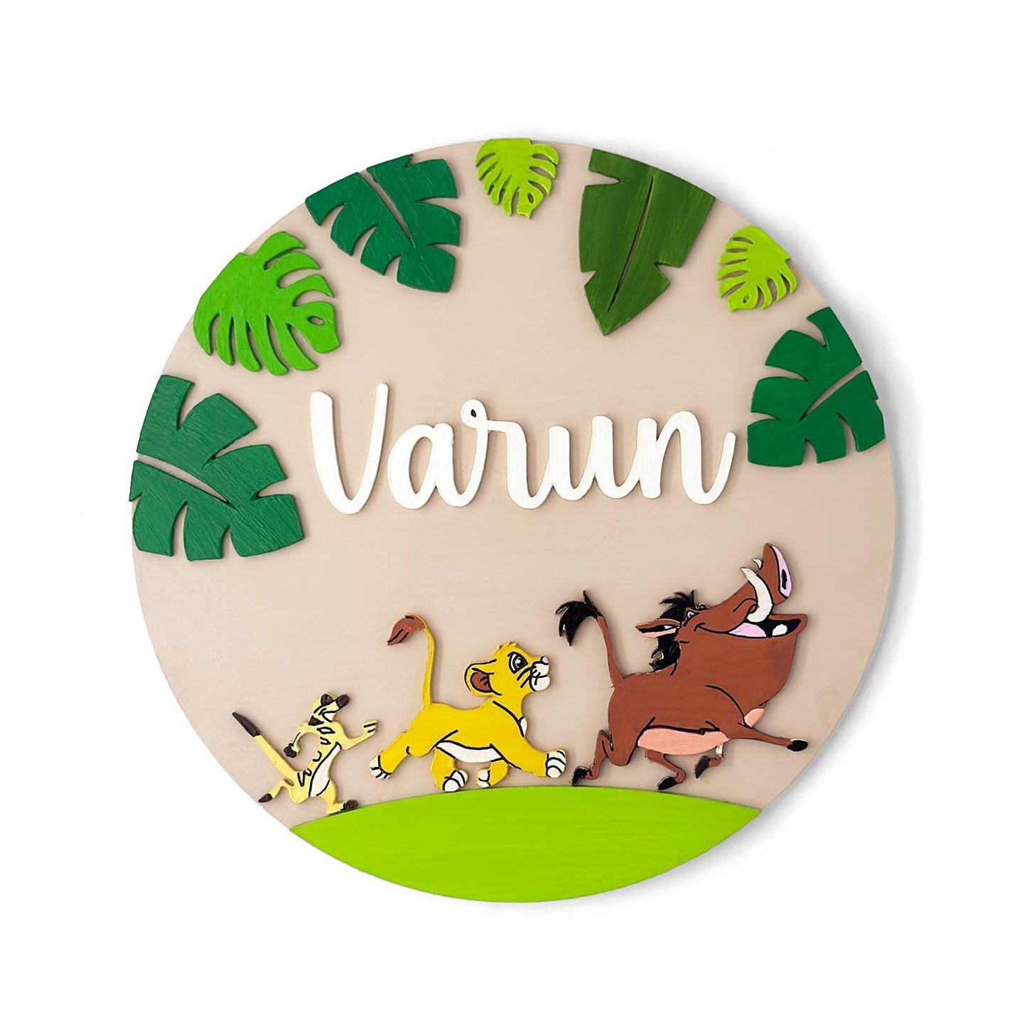Lion King Simba Themed Hand-Painted Wooden Round Kids Name Plate - Design 3