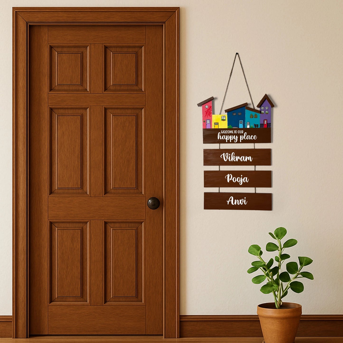 Hut-Shaped Hand-Painted Wooden Name Plate For Home - Hut Board & Three Planks Design 3