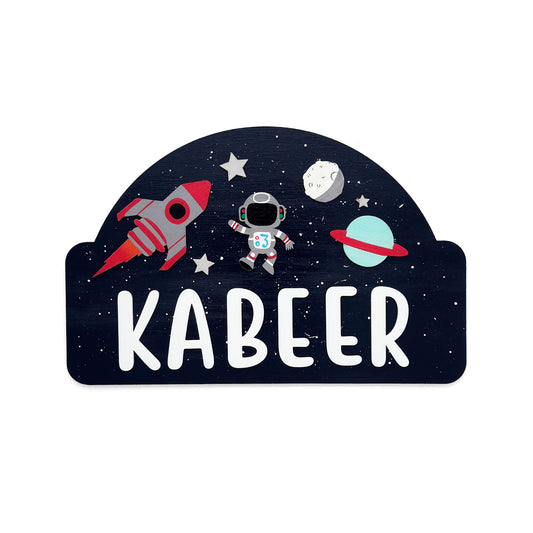 Space  Themed Hand-Painted Wooden Kids Name Plate - Blue