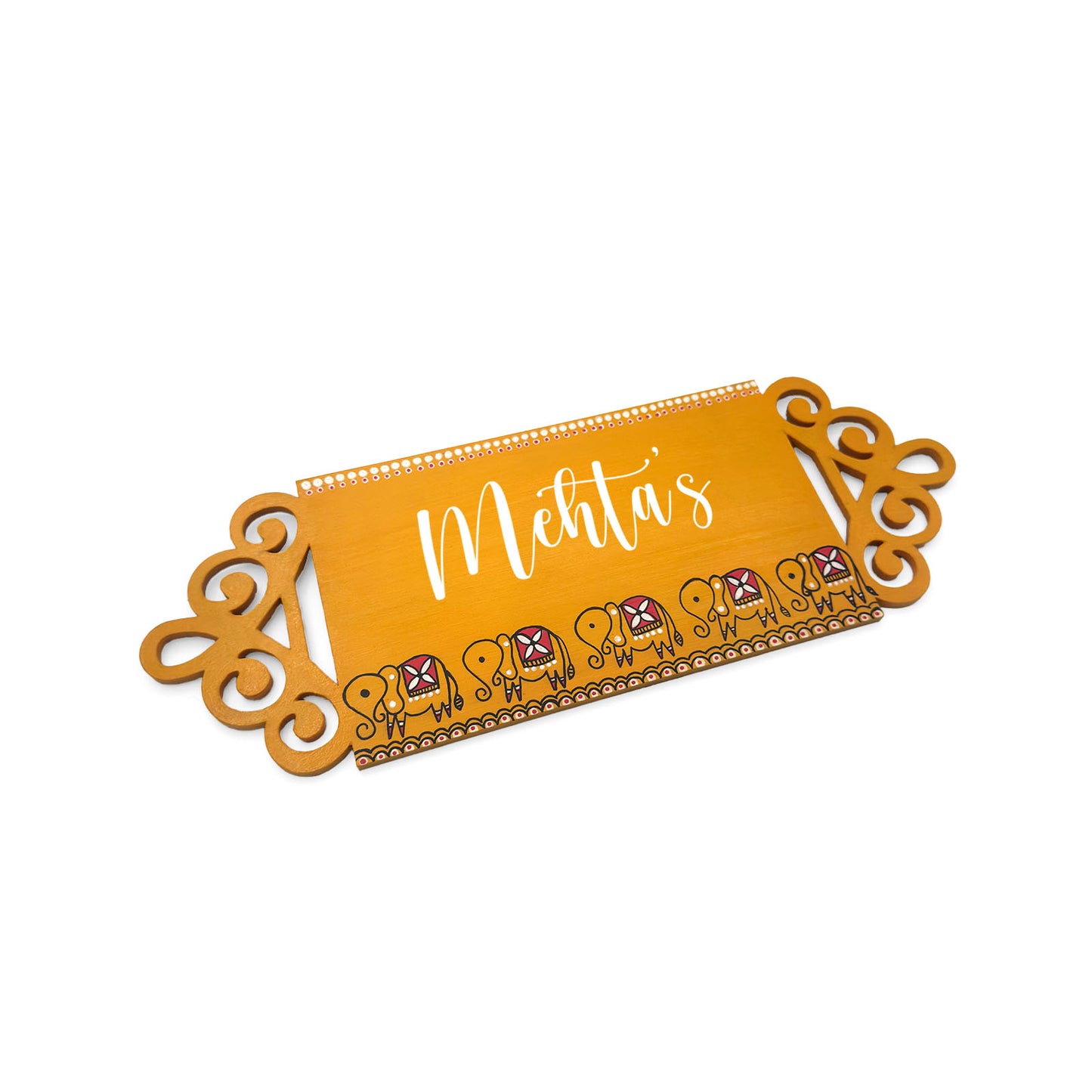 Elephant Artwork Hand-Painted Wooden Madhubani Name Plate For Home