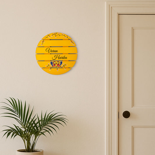 Peacock Artwork Hand-Painted Wooden Madhubani Round Name Plate For Home