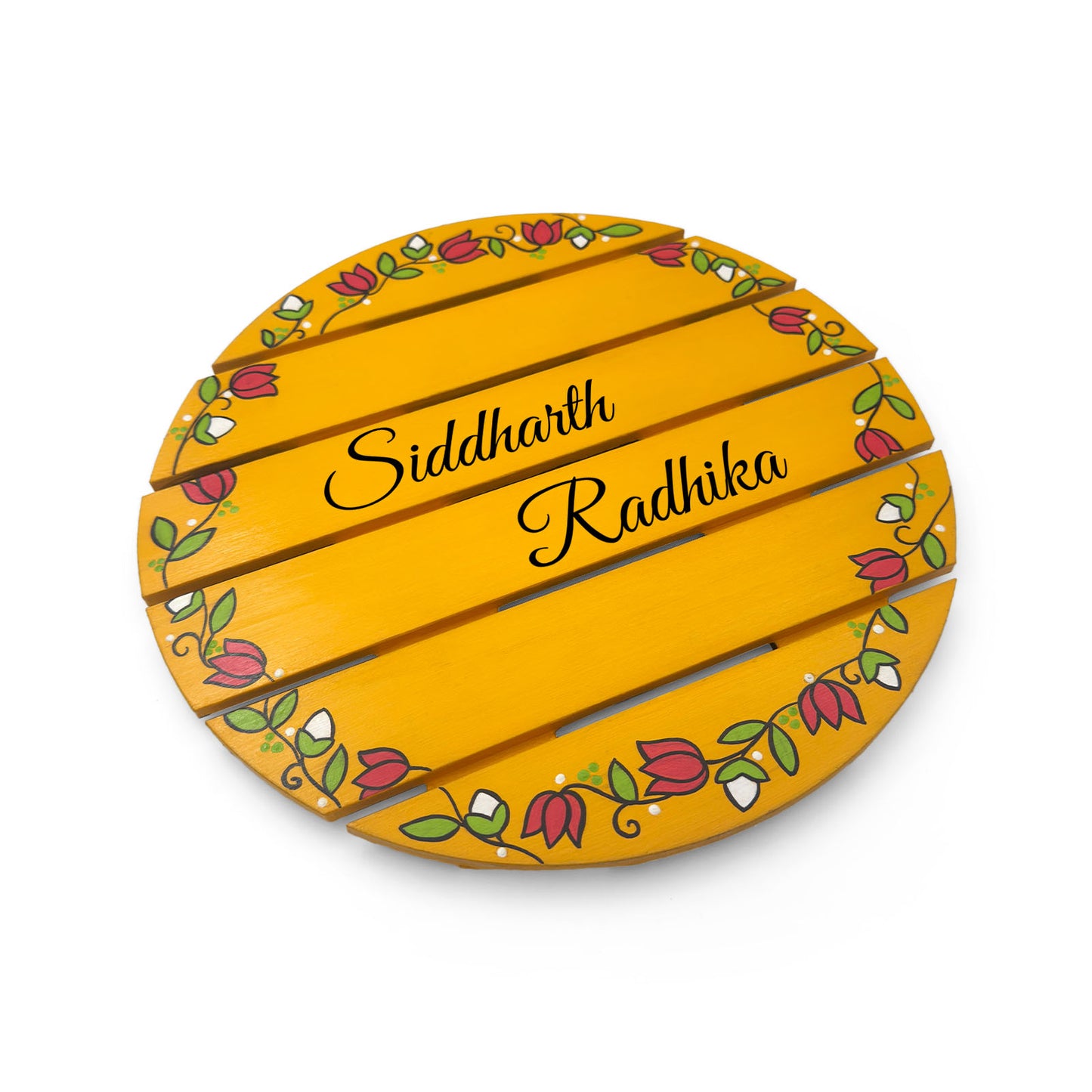 Lotus Bud Artwork Hand-Painted Wooden Madhubani Round Name Plate For Home