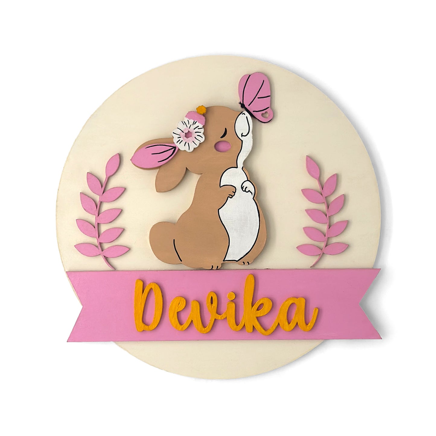 Rabbit Themed Hand-Painted Wooden Round Kids Name Plate - Design 1