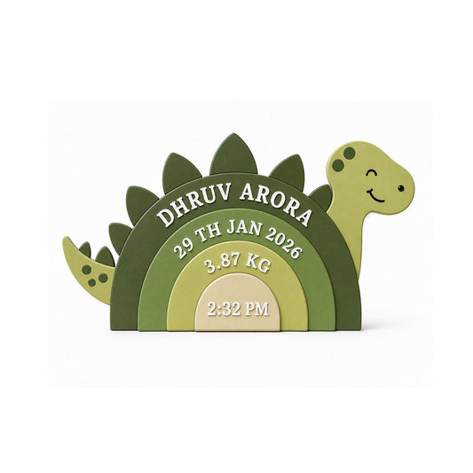 Dinosaur Themed Hand-Painted Wooden Personalised Baby Birth Details Name Plate