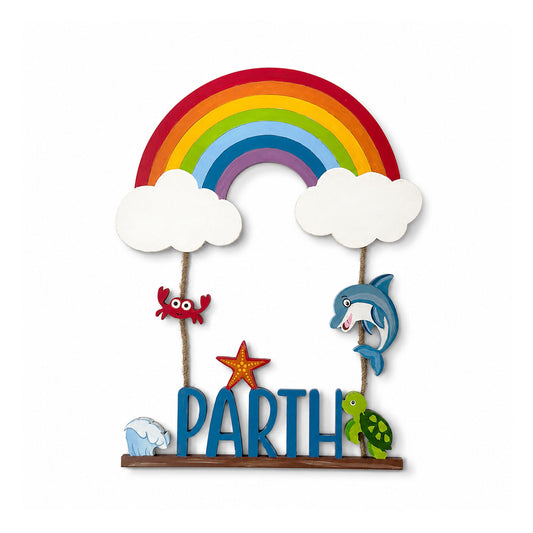 Rainbow & Ocean Themed Hand-Painted Wooden Kids Name Plate - Design 1
