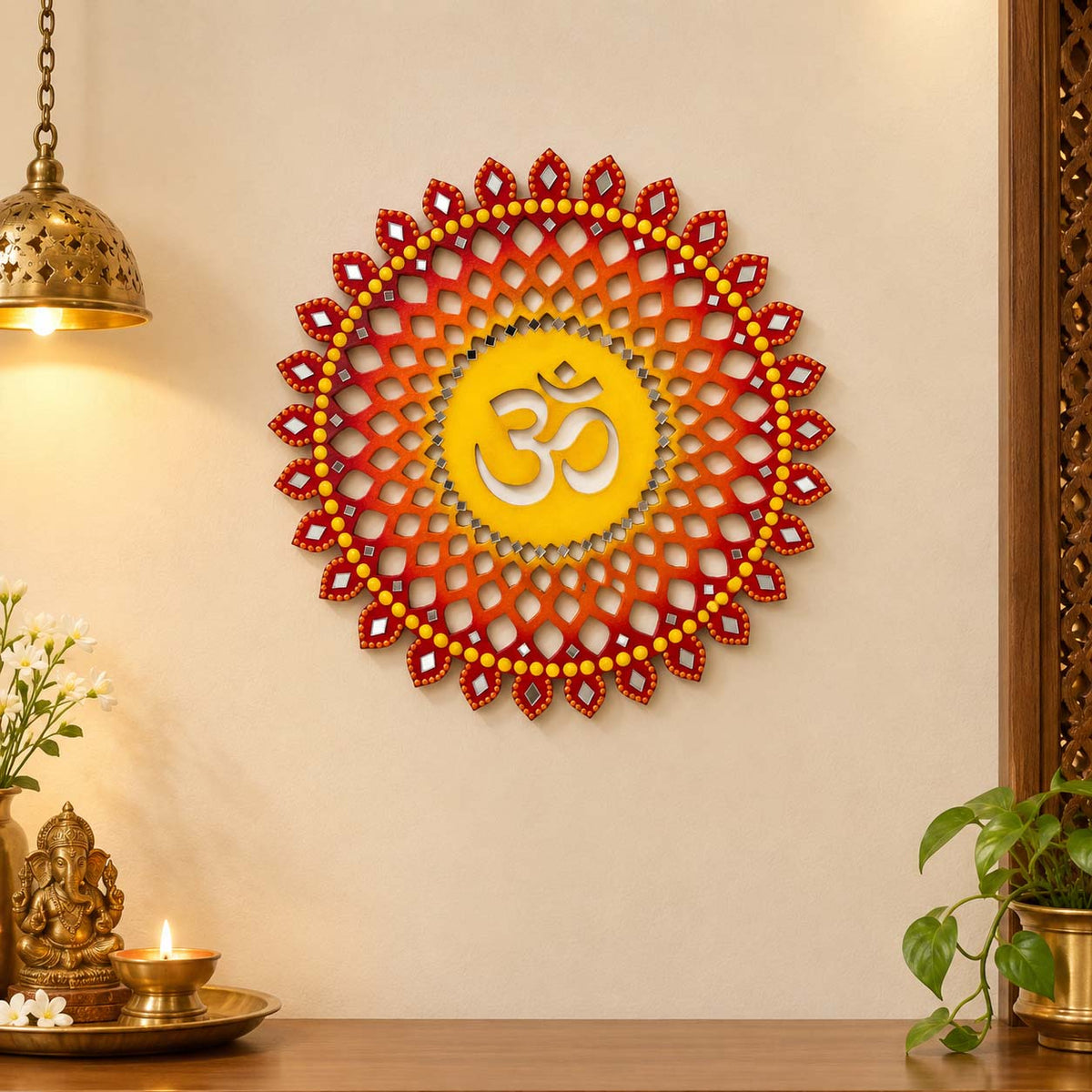Sahasrara Chakra Om Hand-Painted Wooden Wall Hanging - Red