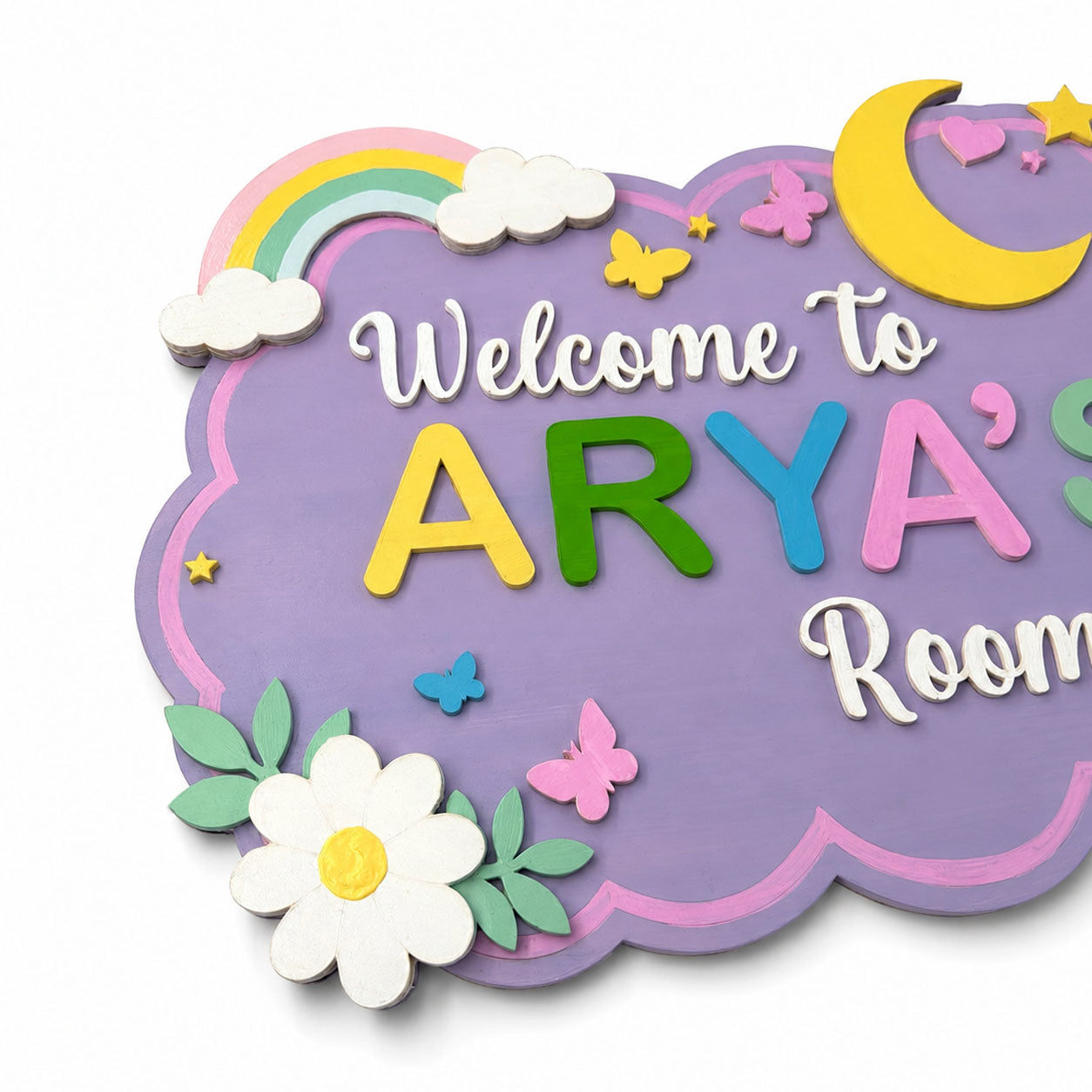 Rainbow & Flowers Themed Hand-Painted Wooden Scalloped Cloud Kids Name Plate - Design 1