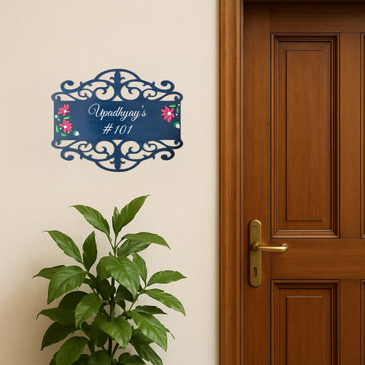 Lotus Artwork Hand-Painted Wooden Madhubani Name Plate For Home