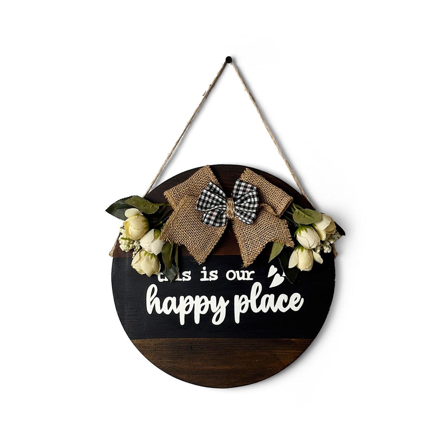 This Is Our Happy Place Hand-Painted Wooden Door Hanger - Black & Wooden Finish