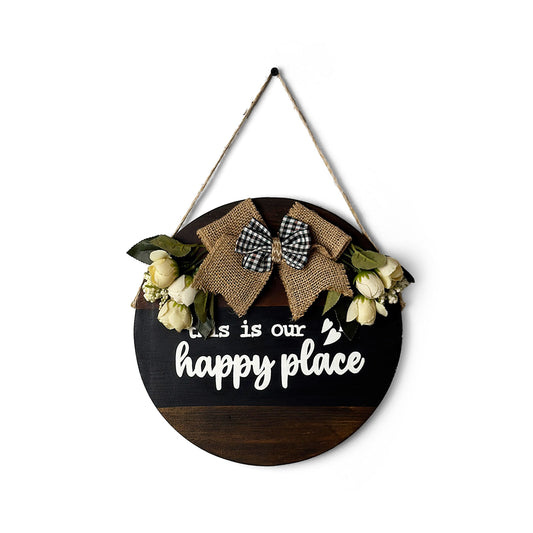 This Is Our Happy Place Hand-Painted Wooden Door Hanger - Black & Wooden Finish