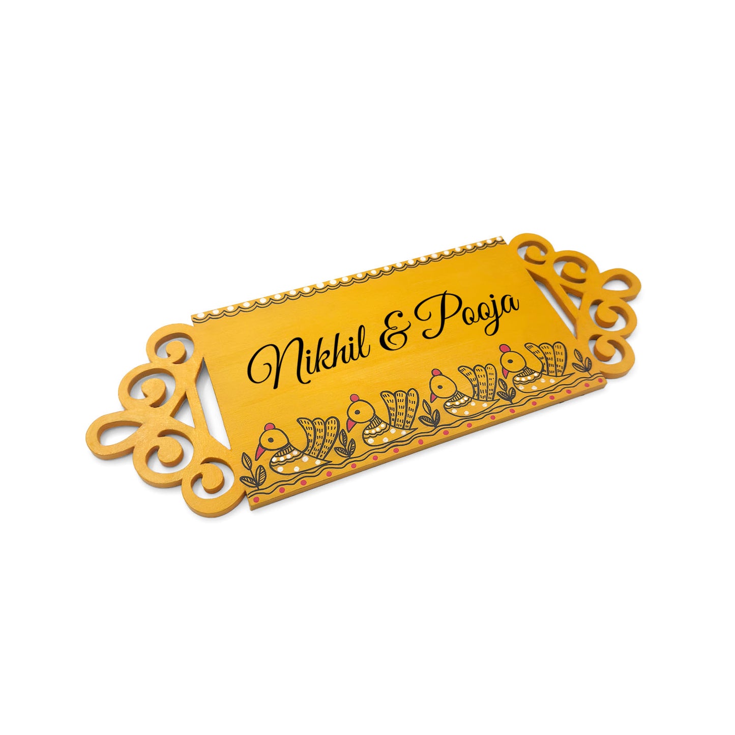 Peacock Artwork Hand-Painted Wooden Madhubani Name Plate For Home