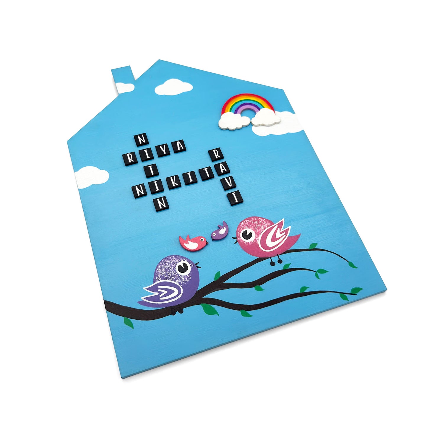 Crossword & Birds Themed Hut-Shaped Hand-Painted Wooden Name Plate For Home - Blue