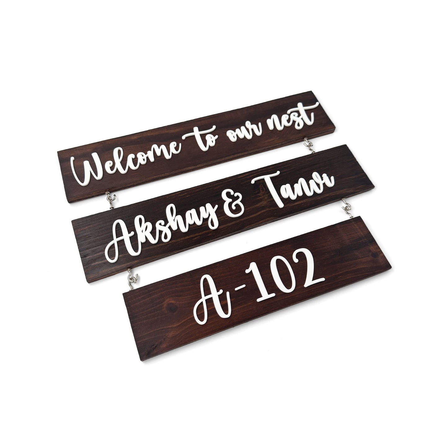 Three Plank Hand-Painted Wooden Name Plate For Home - Wooden Finish