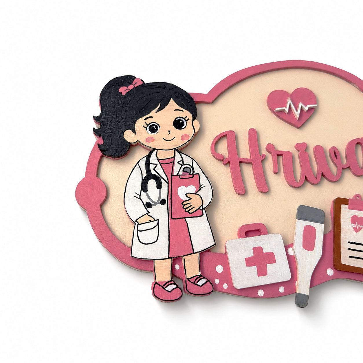 Girl Doctor Themed Hand-Painted Wooden Kids Name Plate - Design 1