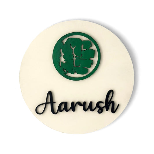 Hulk Fist Themed Hand-Painted Wooden Name Plate For Kids