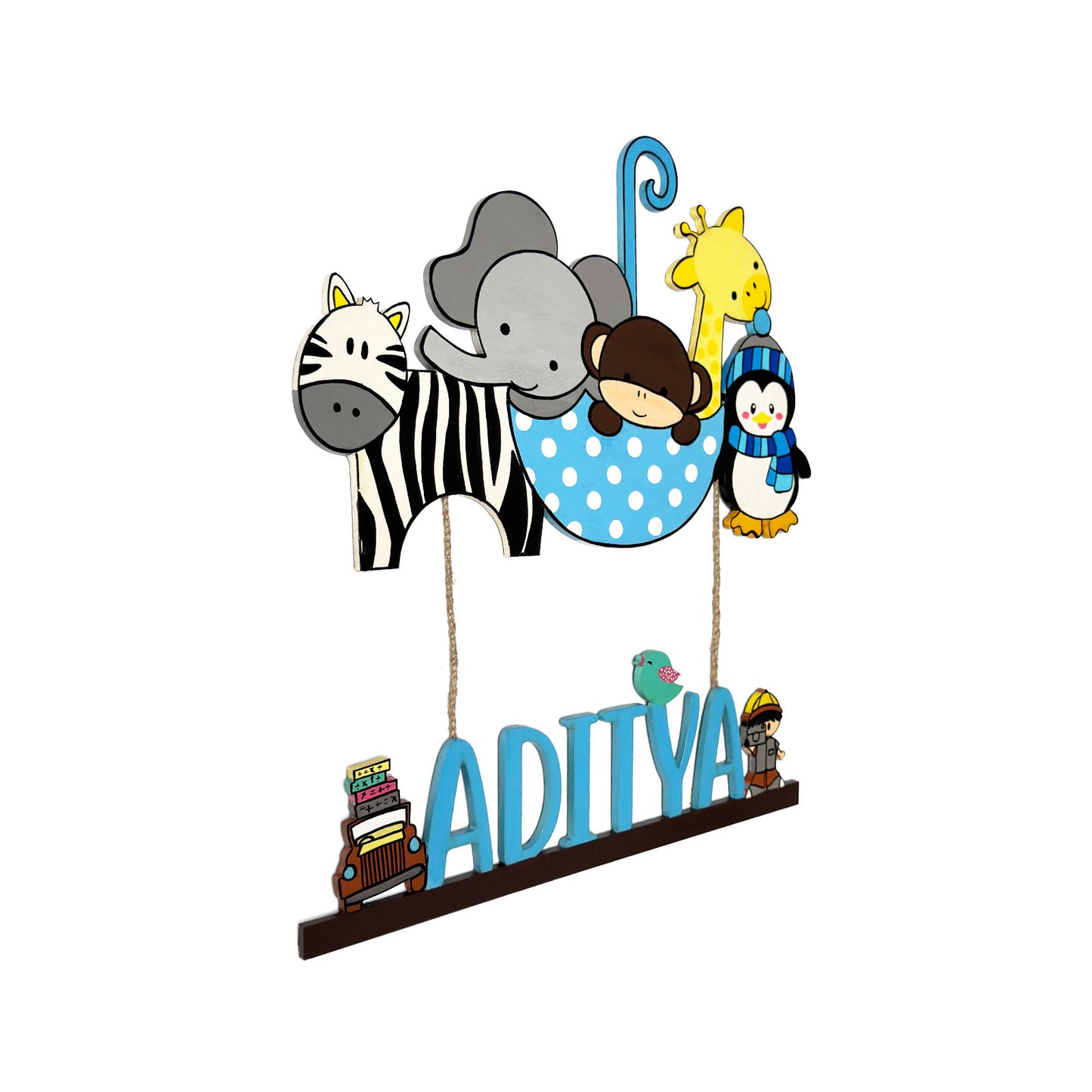 Animal Themed Hand-Painted Wooden Kids Name Plate - Design 1