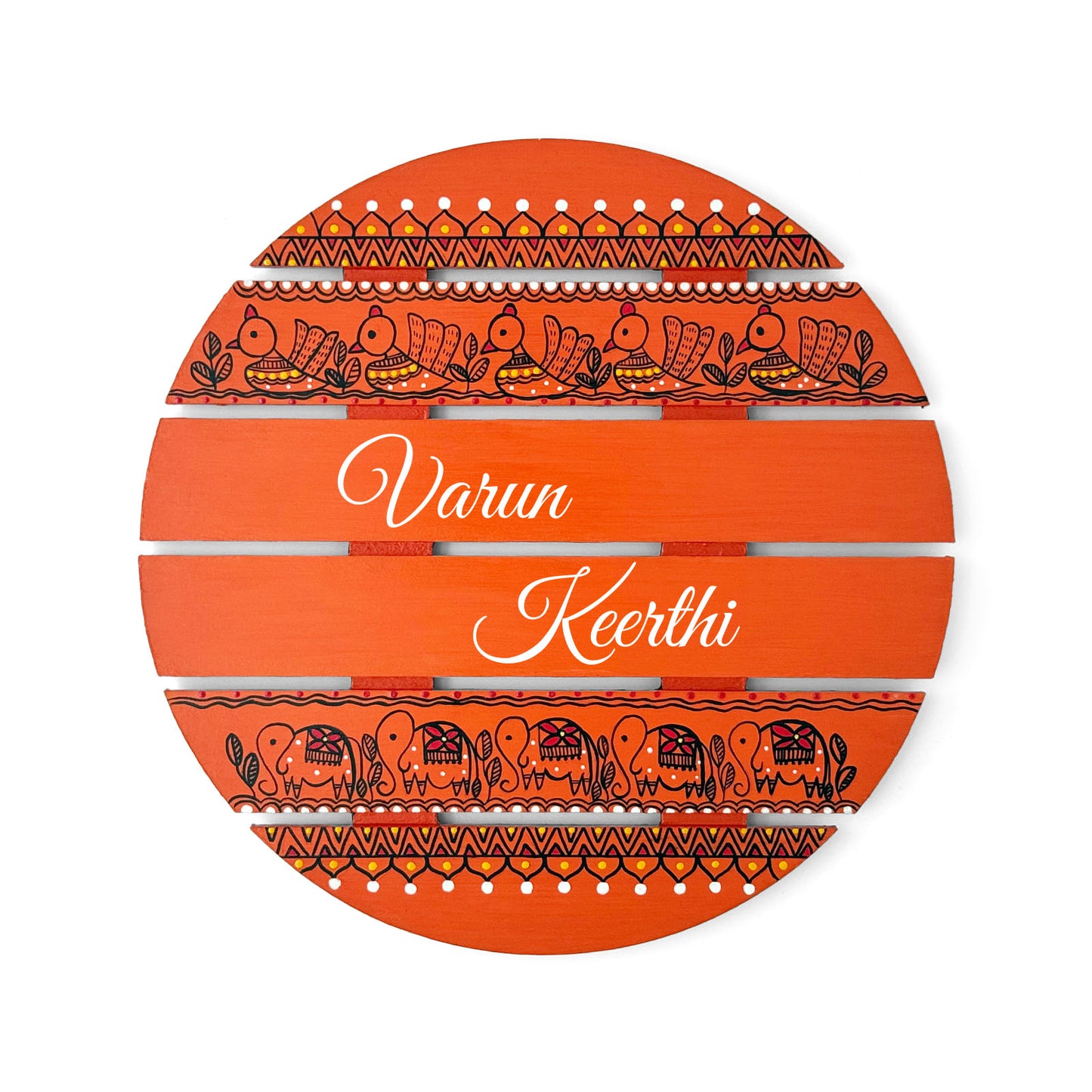 Peacock & Elephant Artwork Hand-Painted Wooden Madhubani Round Name Plate For Home
