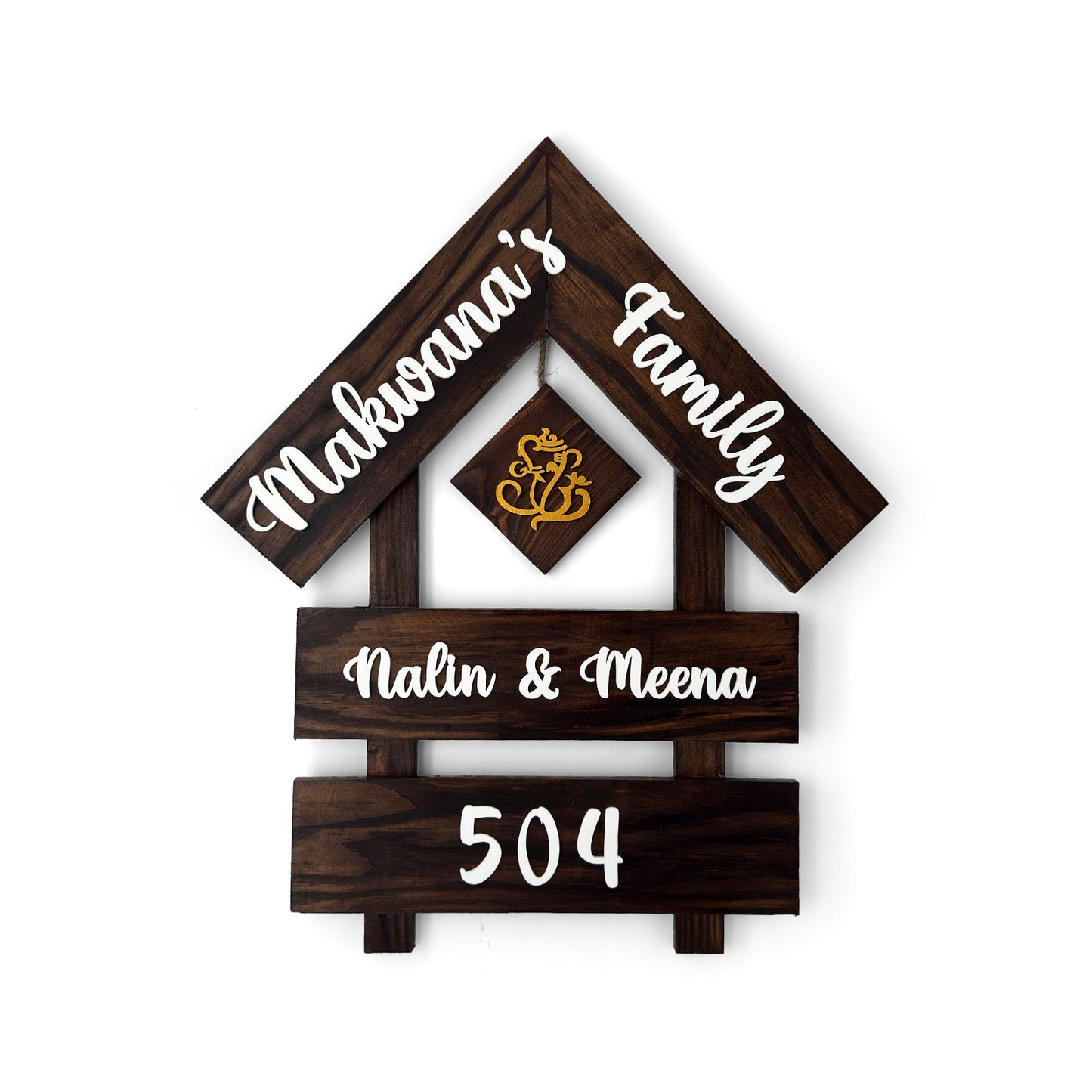 House With Roof And Double Plank Hand-Painted Wooden Hut-Shaped Name Plate For Home - Wooden Finish