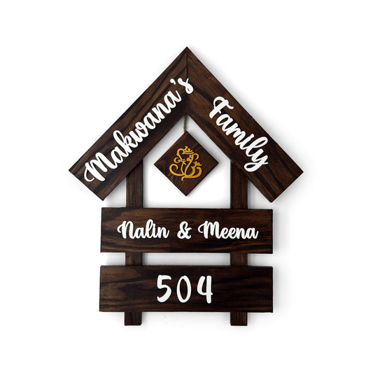 House With Roof And Double Plank Hand-Painted Wooden Hut-Shaped Name Plate For Home - Wooden Finish