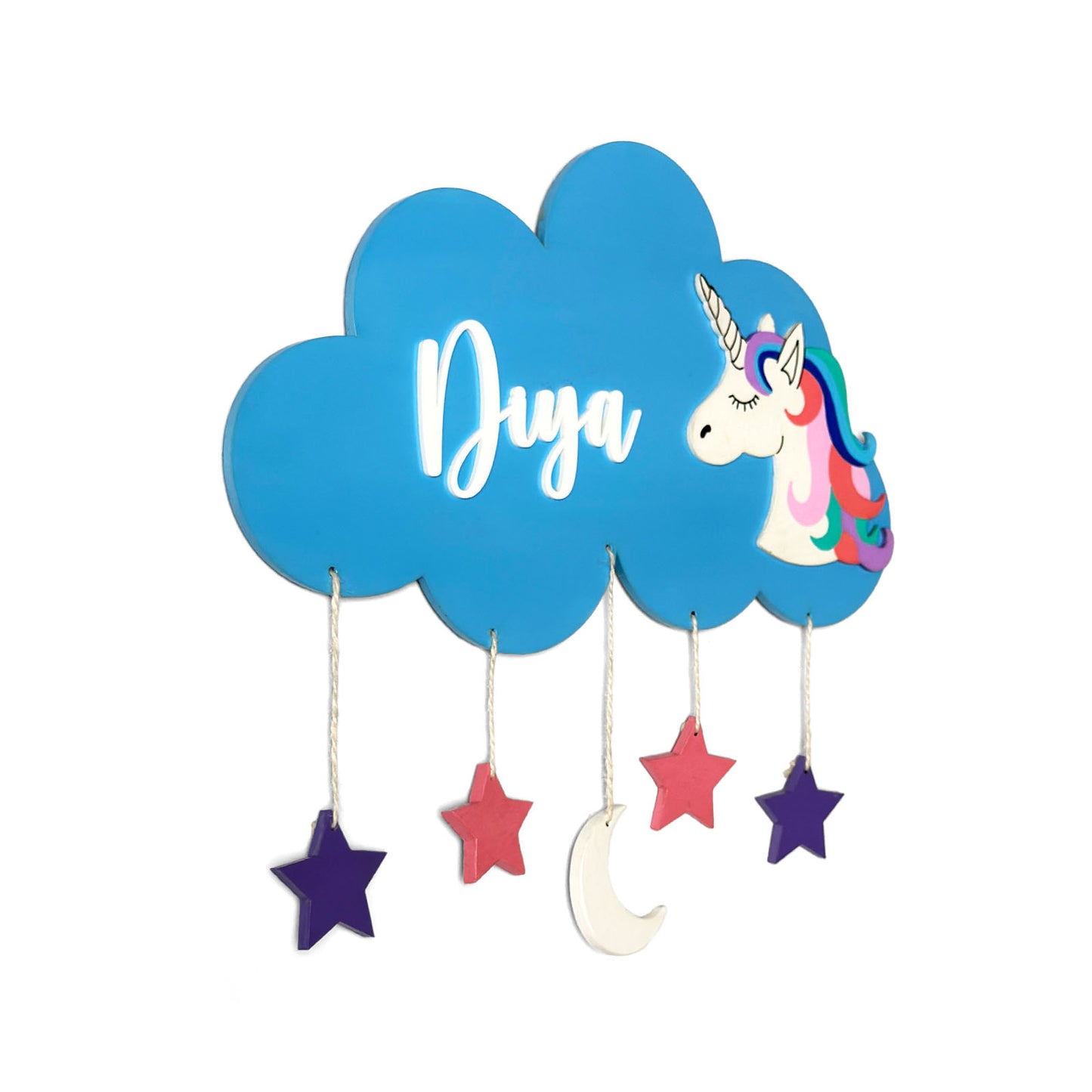 Cloud & Unicorn Themed Hand-Painted Wooden Kids Name Plate