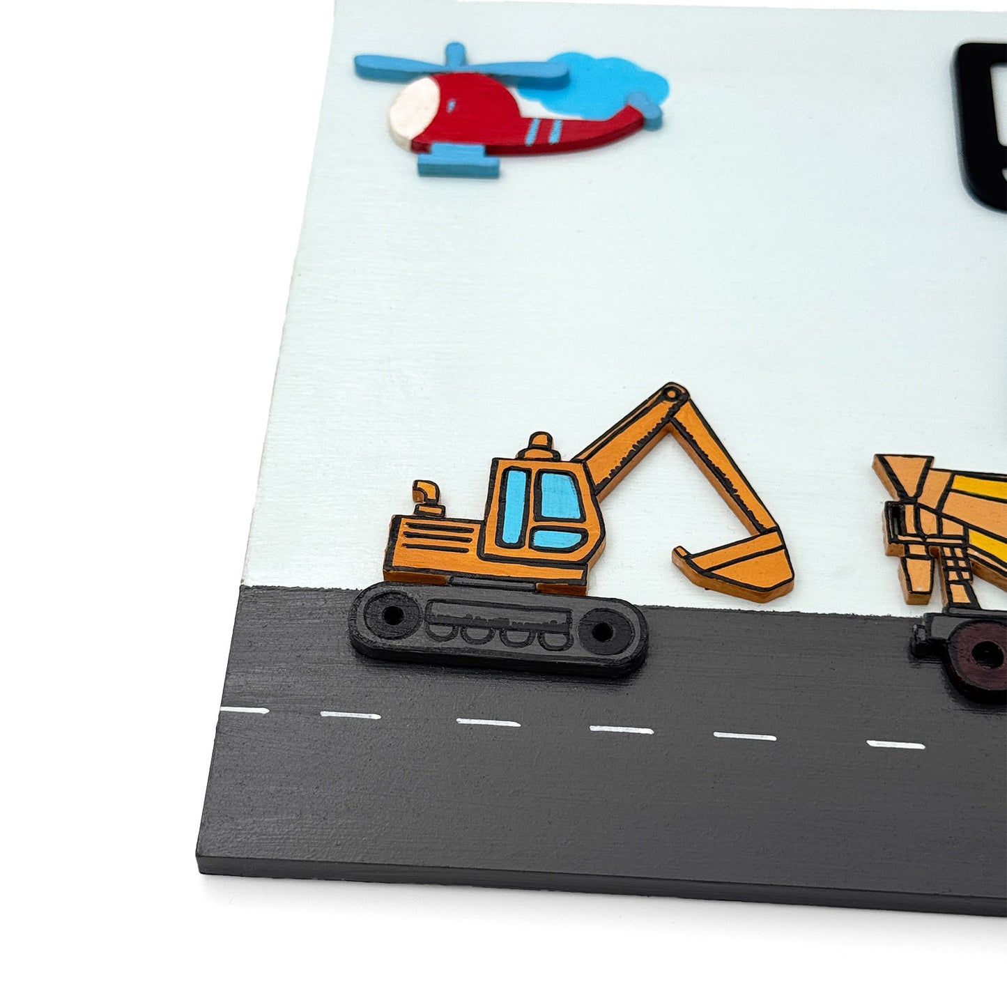 Construction Vehicles Themed Hand-Painted Wooden Kids Name Plate - Light Blue