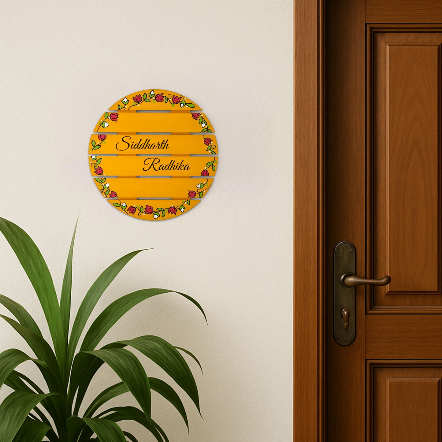 Lotus Bud Artwork Hand-Painted Wooden Madhubani Round Name Plate For Home