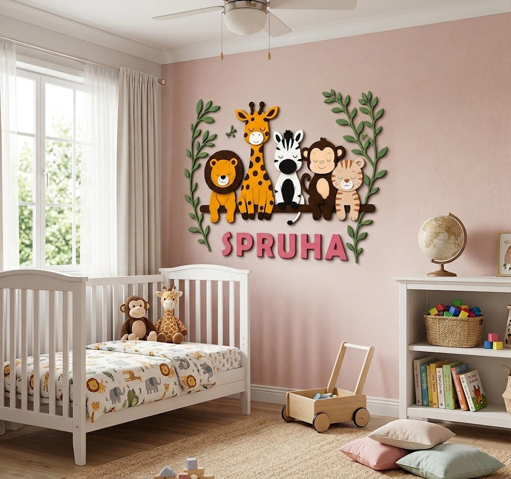 Animals Themed Hand-Painted Wooden Personalised Name Plate Wall Decor