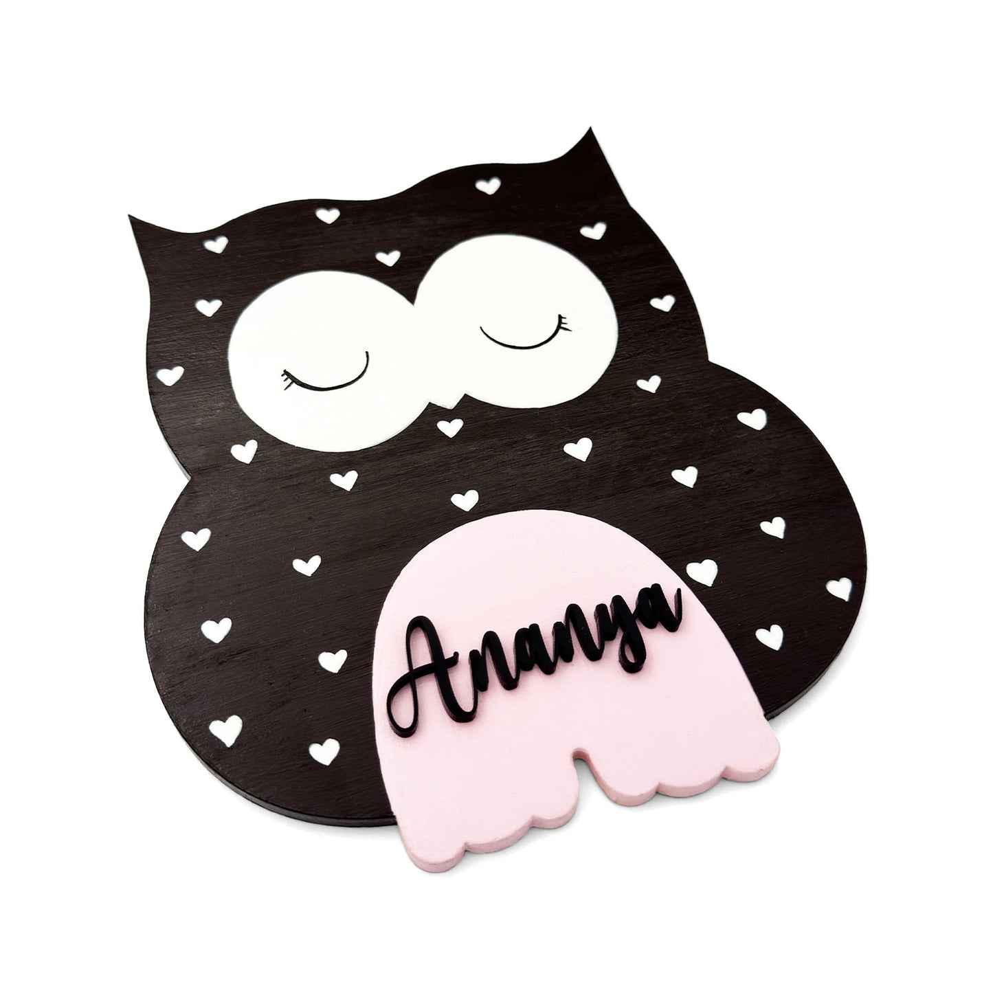 Owl Themed Hand-Painted Wooden Kids Name Plate - Plum