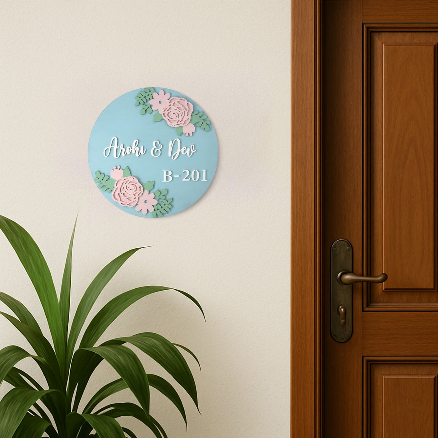 Rose Artwork Hand-Painted Wooden Floral Round Name Plate For Home