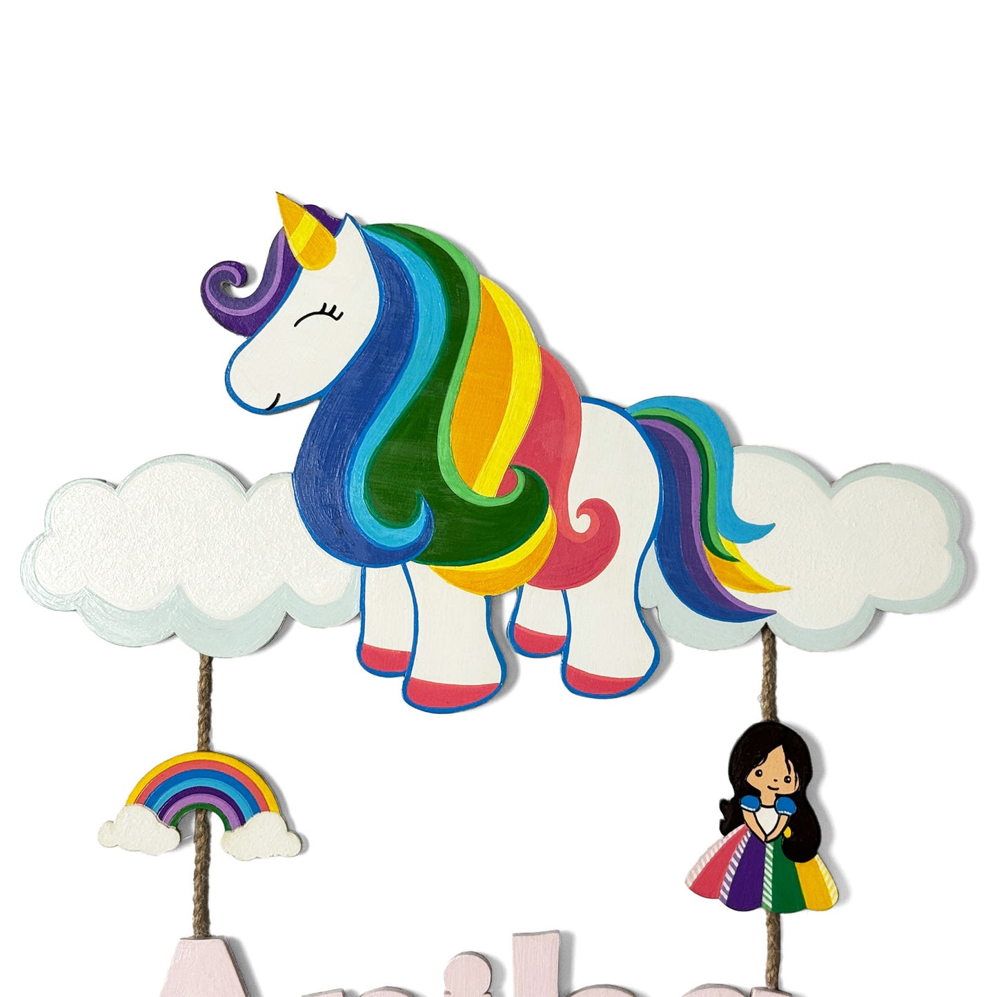Unicorn Themed Hand-Painted Wooden Kids Name Plate - Design 3