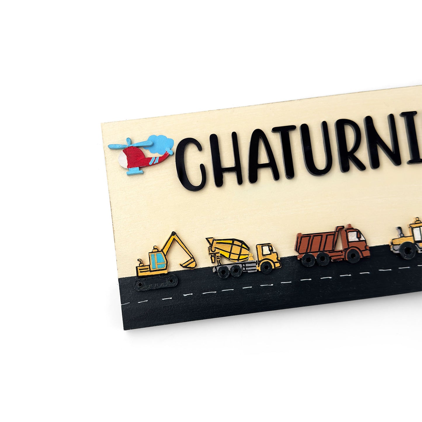 Construction Vehicles Themed Hand-Painted Wooden Kids Name Plate - Design 2