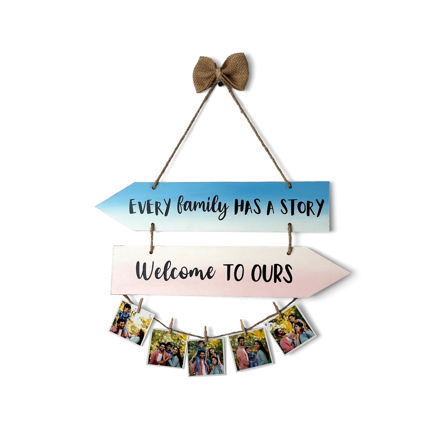 Welcome Hand-Painted Wooden Photo Holder - Blue & Pink