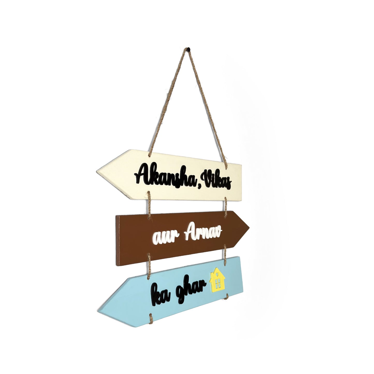 Ghar Hand-Painted Wooden Arrow Plank Name Plate For Home