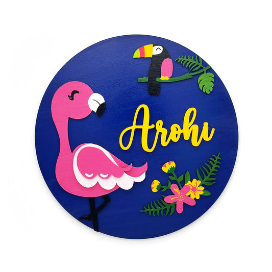 Flamingo Themed Hand-Painted Wooden Kids Name Plate