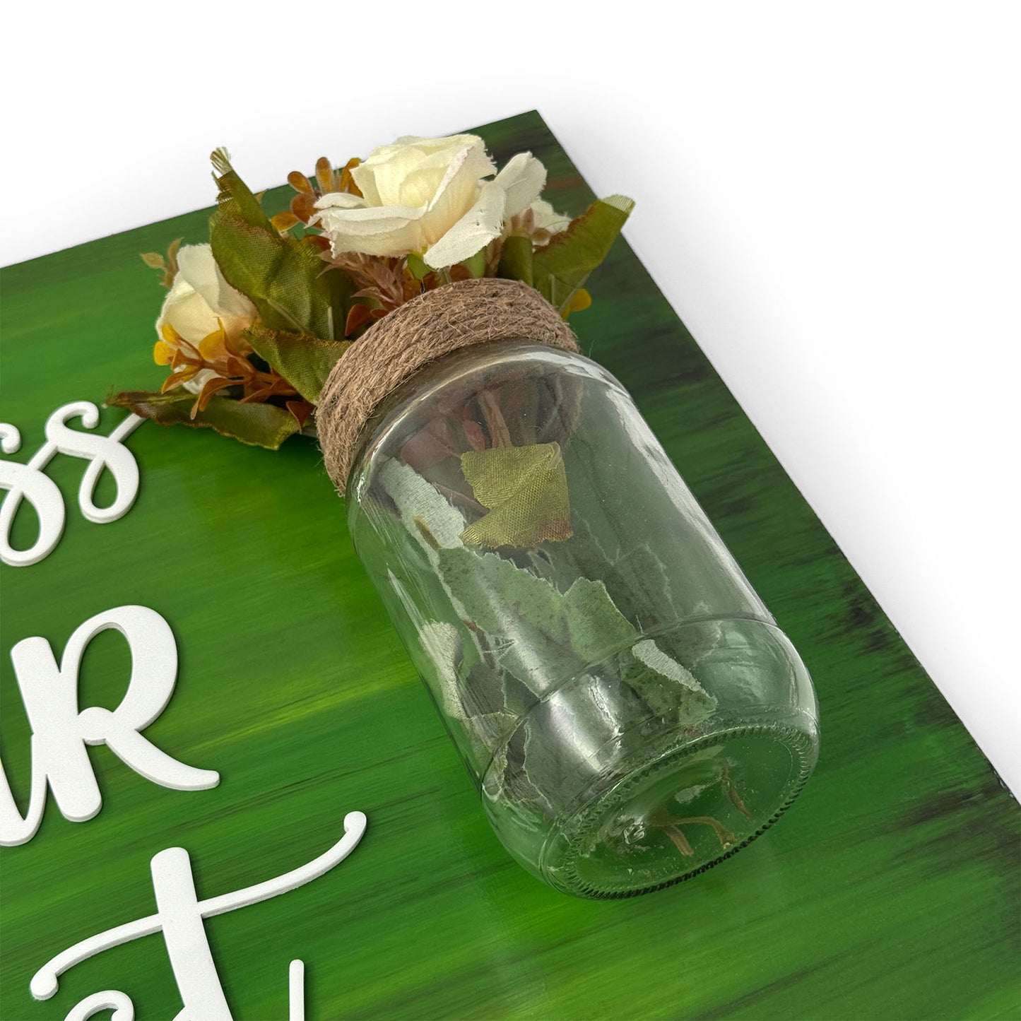 Green Hand-Painted Wooden Name Plate With Jar For Home - Jar Board & One Plank