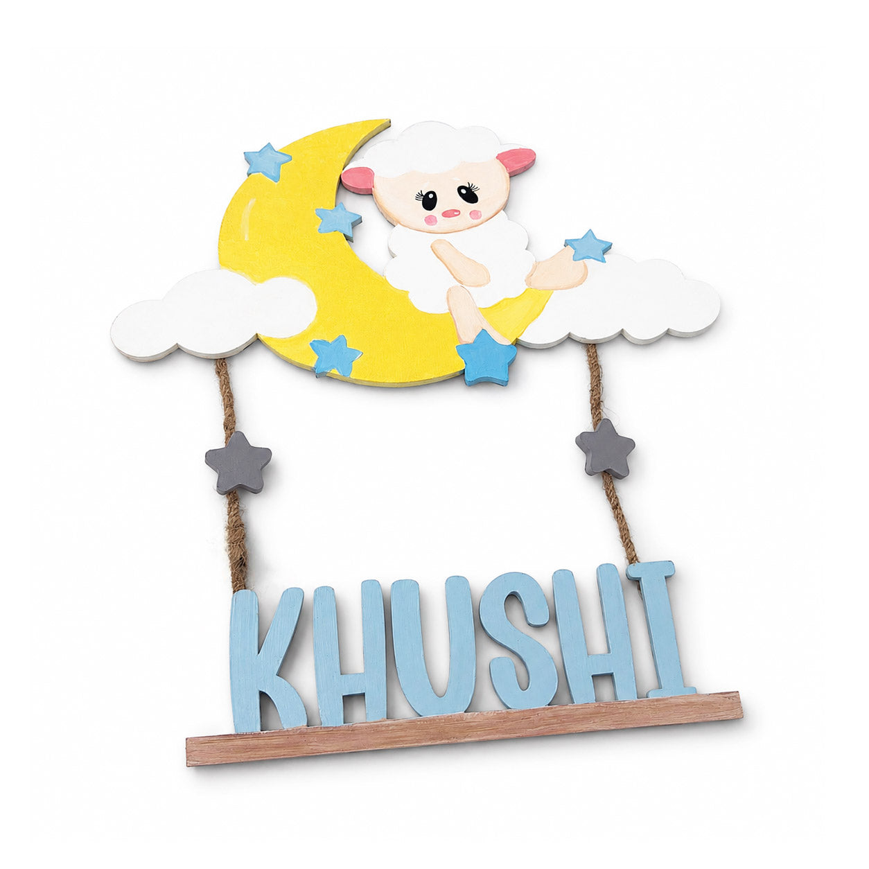 Sheep Themed Hand-Painted Wooden Kids Name Plate - Design 1