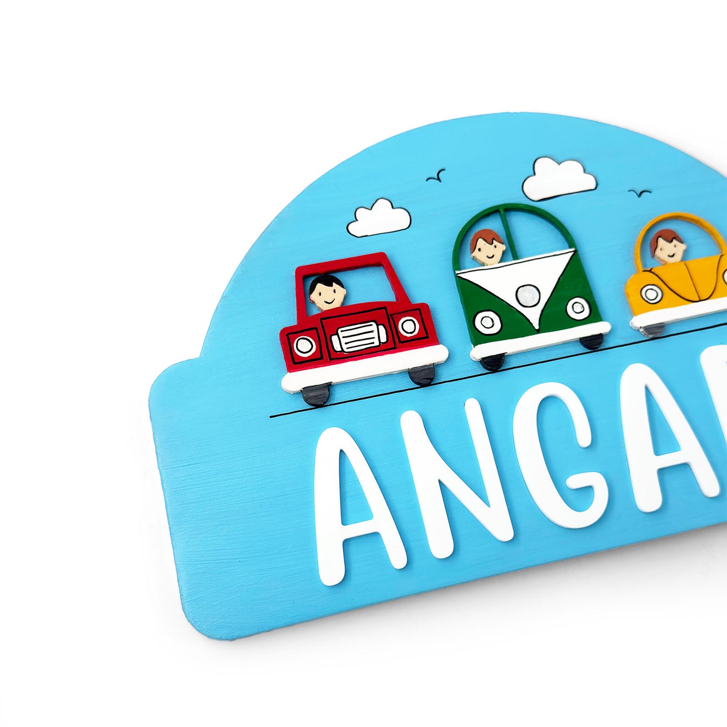 Cars Themed Hand-Painted Wooden Arch-Shaped Kids Name Plate