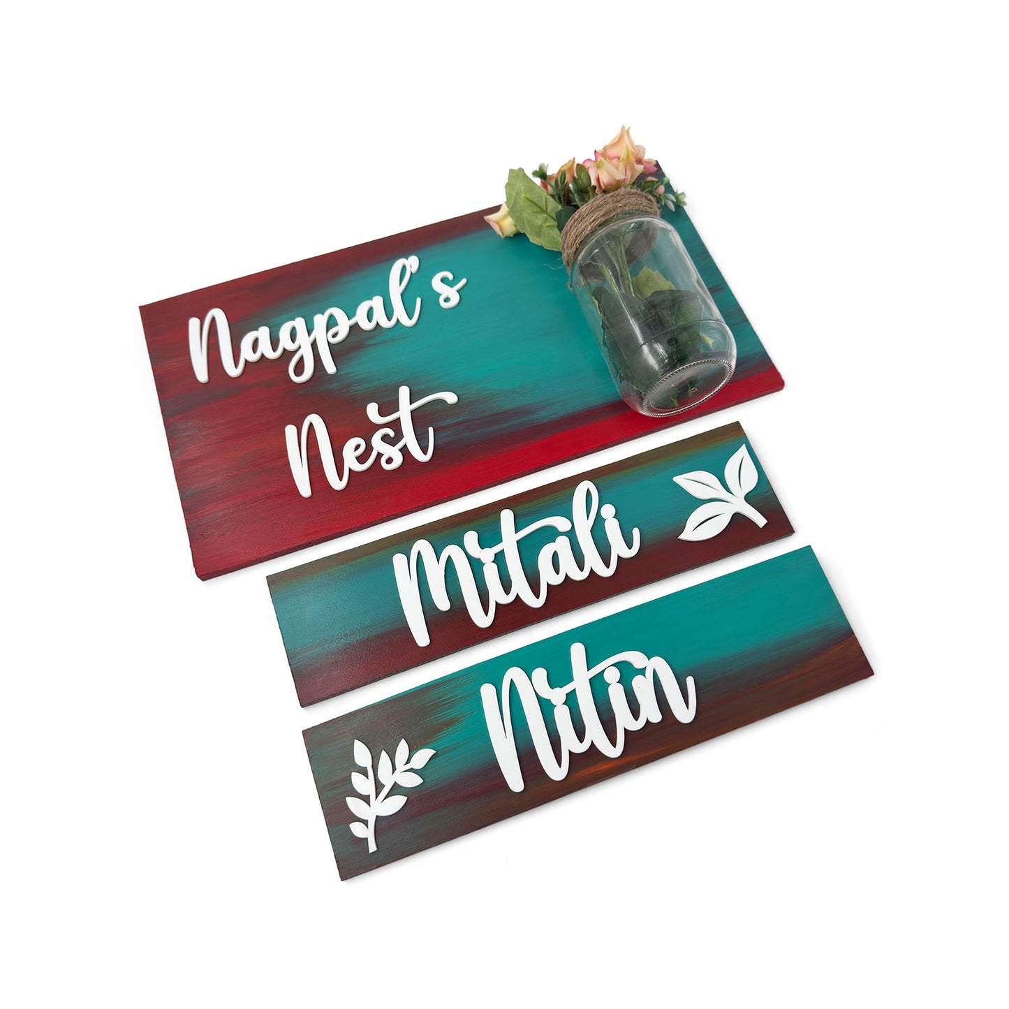 Hand-Painted Wooden Name Plate With Jar For Home - Jar Board & Two Planks