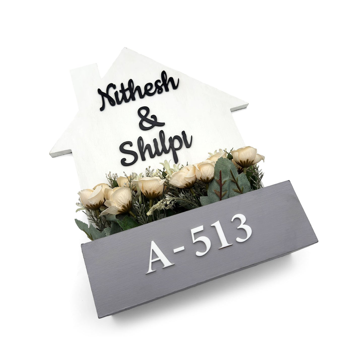Hut-Shaped Hand-Painted Wooden Planter Name Plate For Home - White & Grey