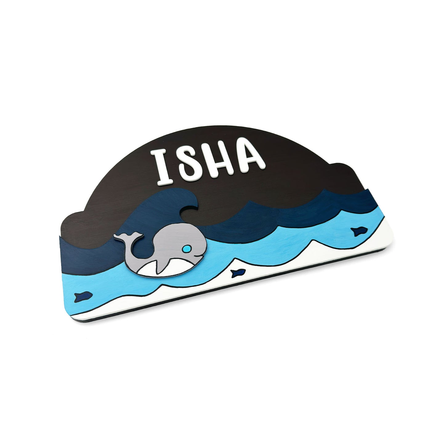 Whale Themed Hand-Painted Wooden Kids Name Plate