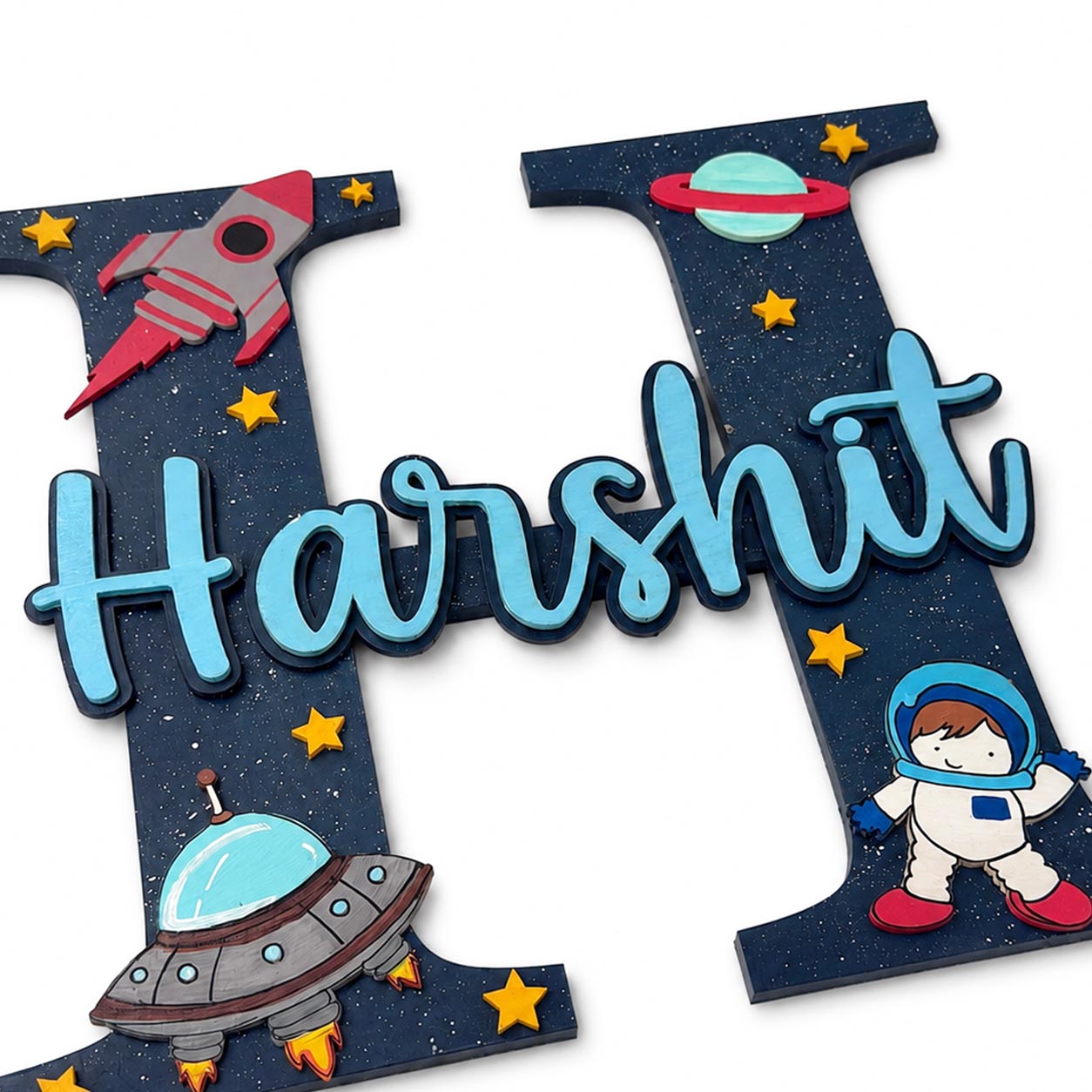 Space Themed Layered Alphabet Initial Hand-Painted Wooden Kids Name Plate - Design 1
