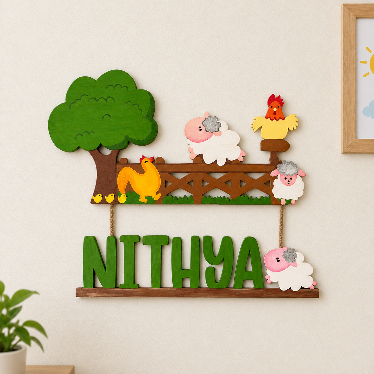 Farm Animals Themed Hand-Painted Wooden Kids Name Plate - Design 1