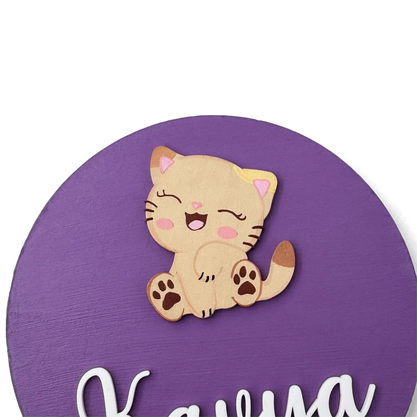 Cat Themed Hand-Painted Wooden Name Plate For Kids