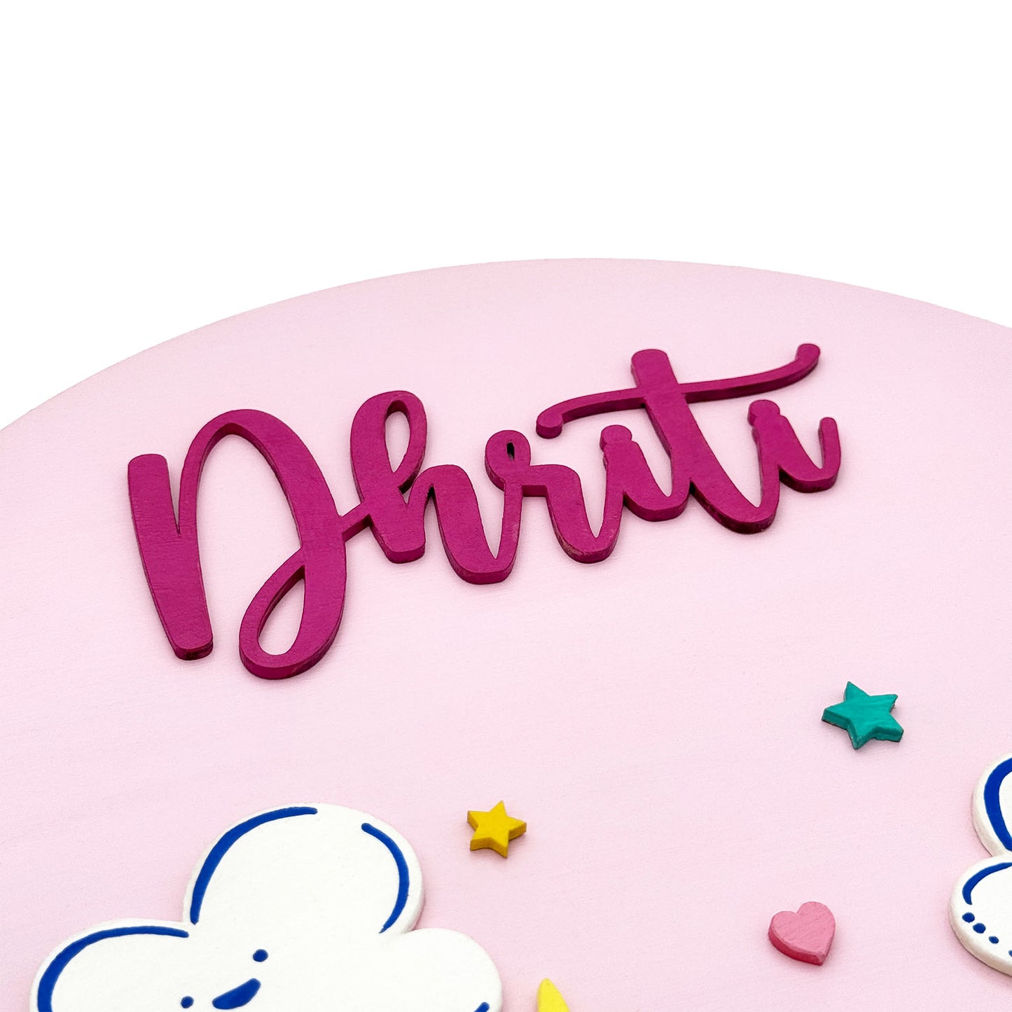 Unicorn Themed Hand-Painted Wooden Round Kids Name Plate - Design 2