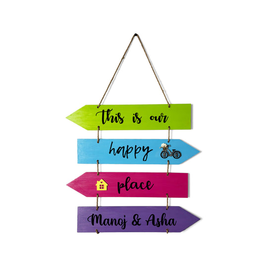 This Is Our Happy Place Hand-Painted Wooden Arrow Plank Name Plate For Home In Vibrant Colors - Four Planks