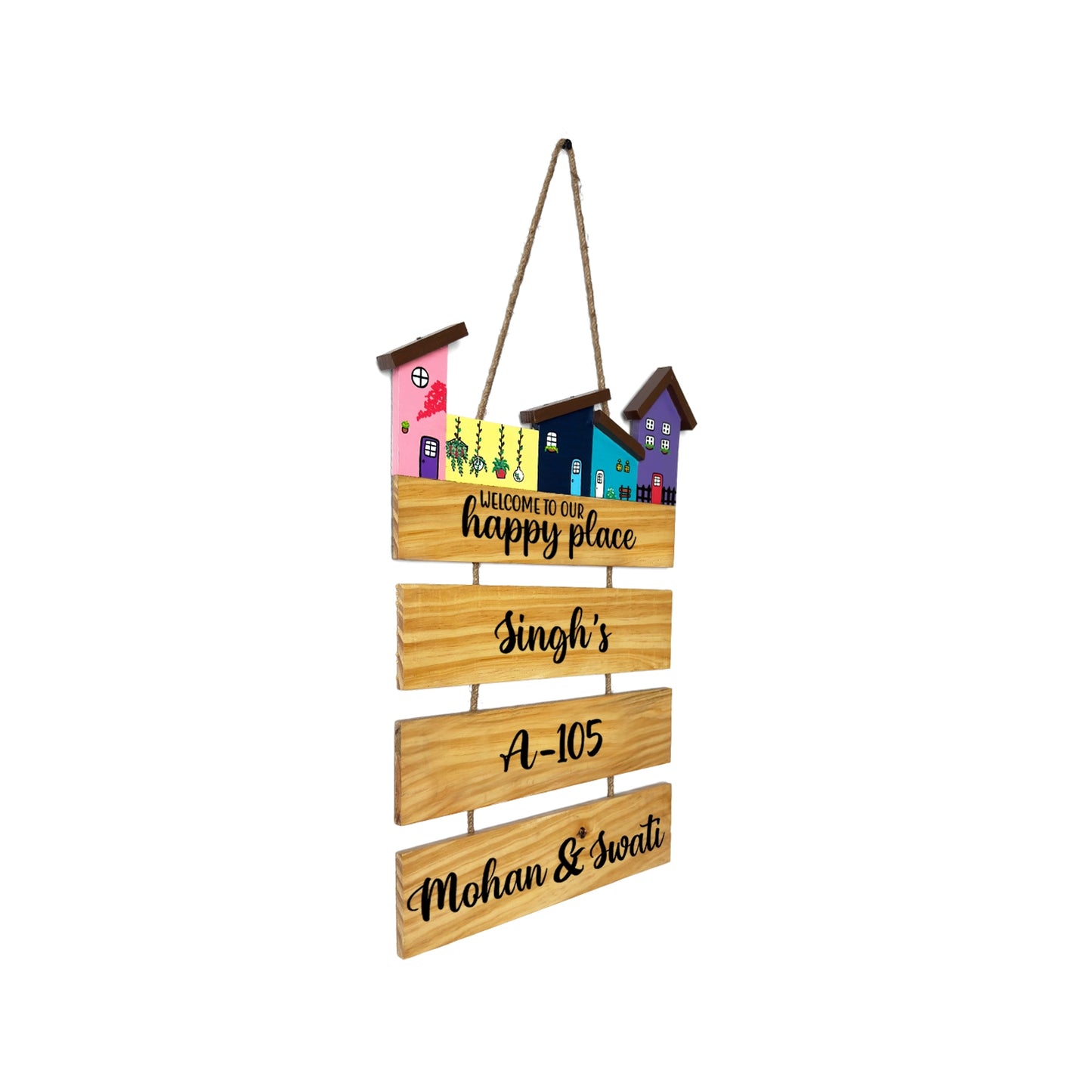 Hut-Shaped Hand-Painted Wooden Name Plate For Home - Hut Board & Three Planks Design 5