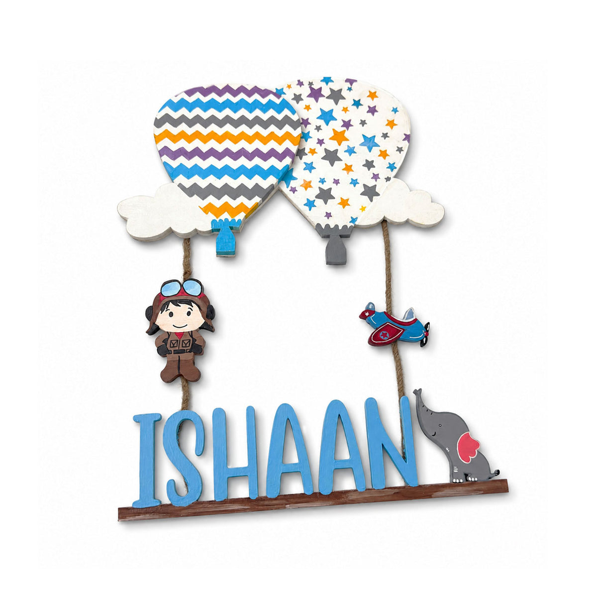 Hot Air Balloon Themed Hand-Painted Wooden Kids Name Plate - Design 3