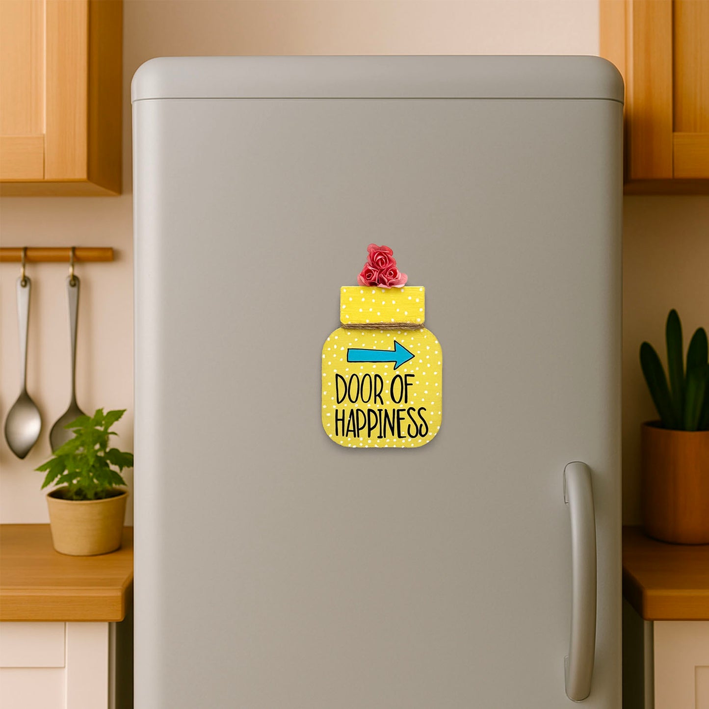 Door Of Happiness Hand-Painted Wooden Mason Jar Fridge Magnet - Yellow