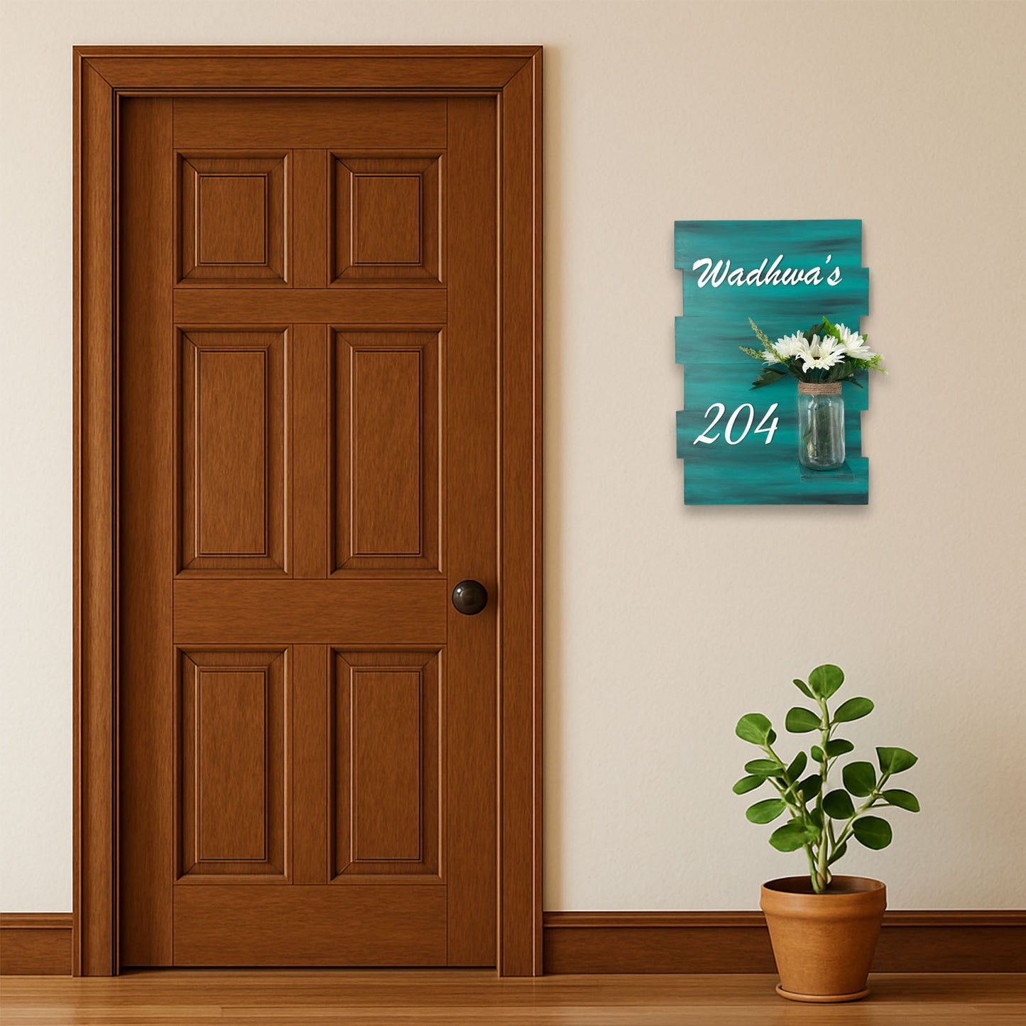 Teal Hand-Painted Wooden Name Plate With Jar For Home - Design 1